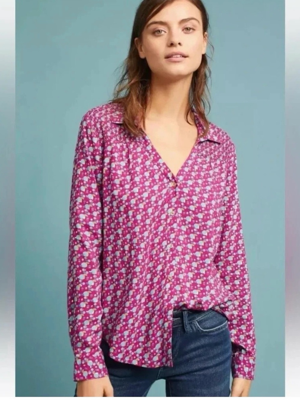 Women’s Anthropologie Maeve Emory Purple Printed Button Blouse Long Sleeve Sz 2